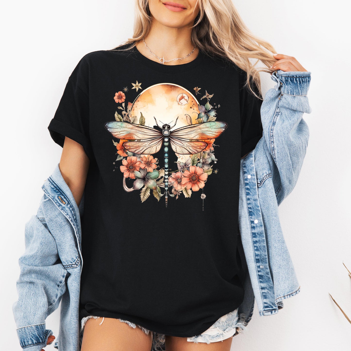 Boho Dragonfly Floral Shirt, Dragonfly Hippie T-shirt, Hippie Tee