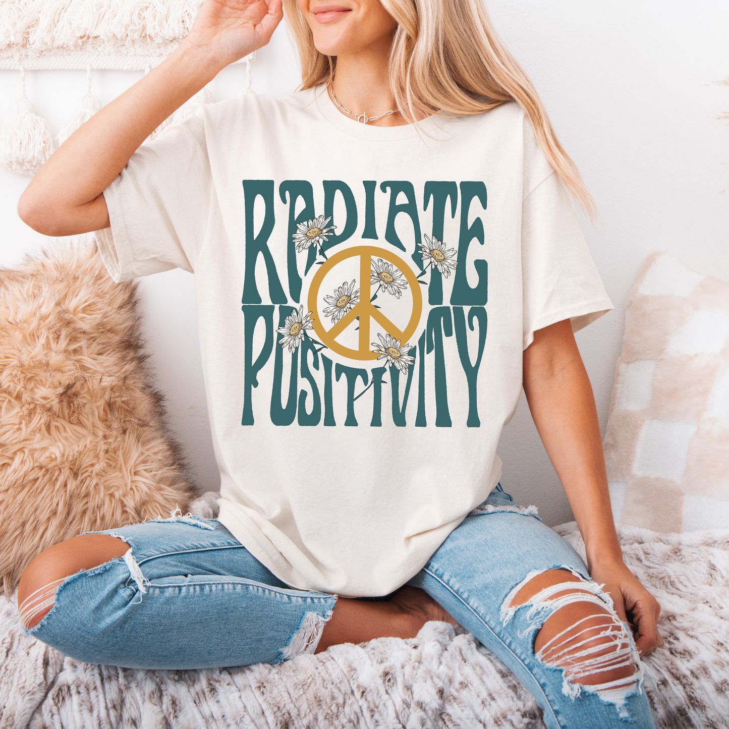 Women's RADIATE POSITIVITY Hippie Shirt, Kindness Peace T-Shirt