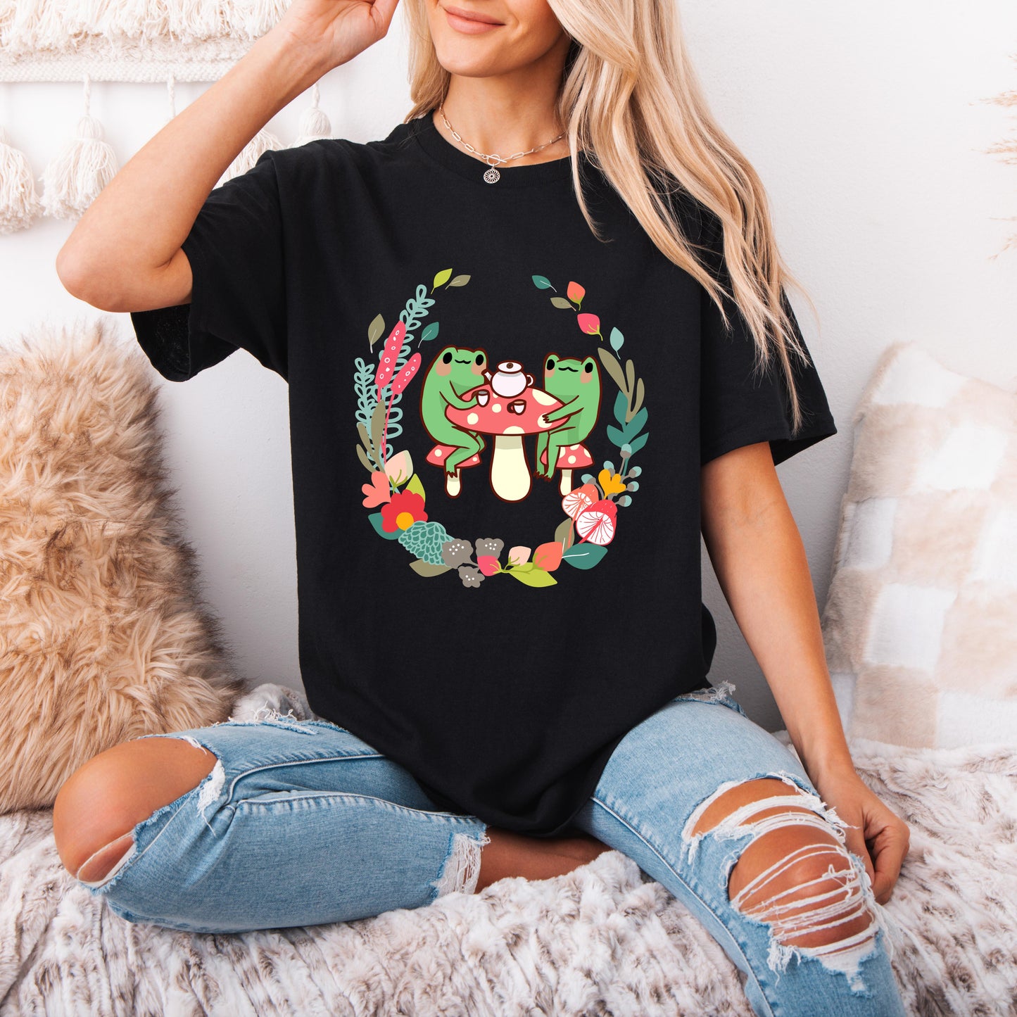 3 Cottagecore Aesthetic Frogs Drinking Tea Mushroom Frog Mug T-Shirt