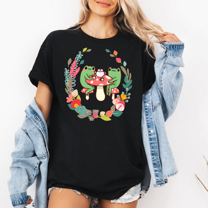 3 Cottagecore Aesthetic Frogs Drinking Tea Mushroom Frog Mug T-Shirt
