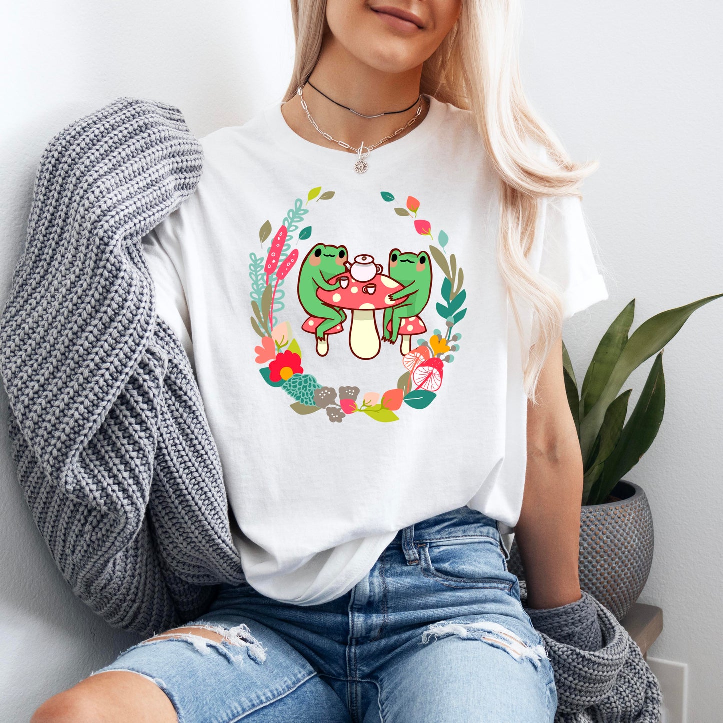 3 Cottagecore Aesthetic Frogs Drinking Tea Mushroom Frog Mug T-Shirt
