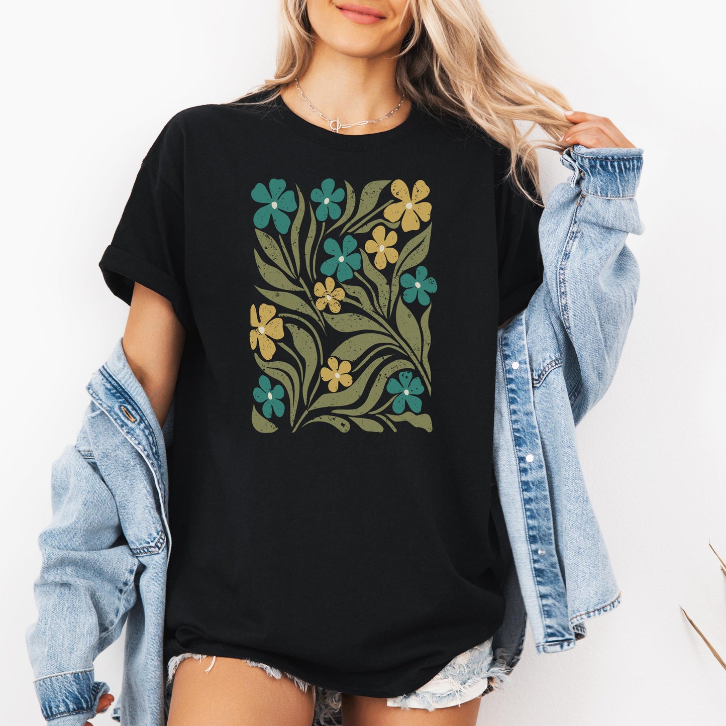 Boho Flower Shirt, 70s Floral Shirt, Vintage Style Boho Hippie T-shit