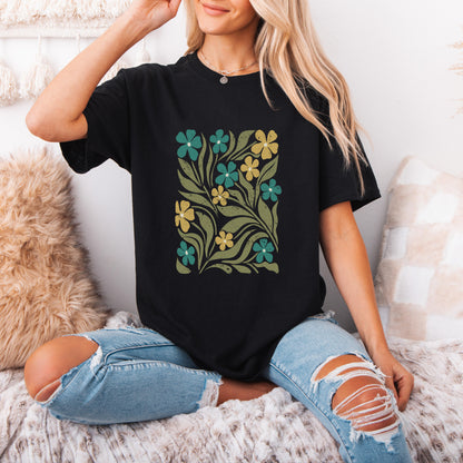Boho Flower Shirt, 70s Floral Shirt, Vintage Style Boho Hippie T-shit